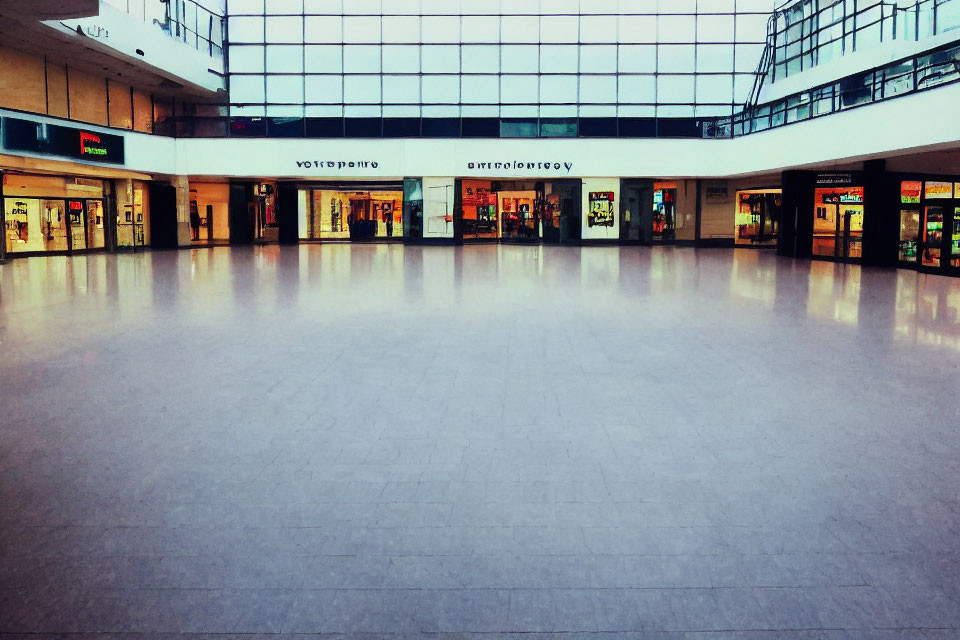 Empty Indoor Shopping Mall Corridor with Skylight & Store Entrances