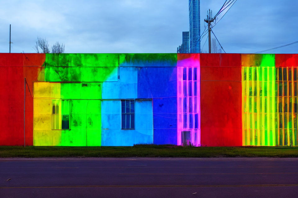 Vibrant illuminated wall with colorful sections under twilight sky