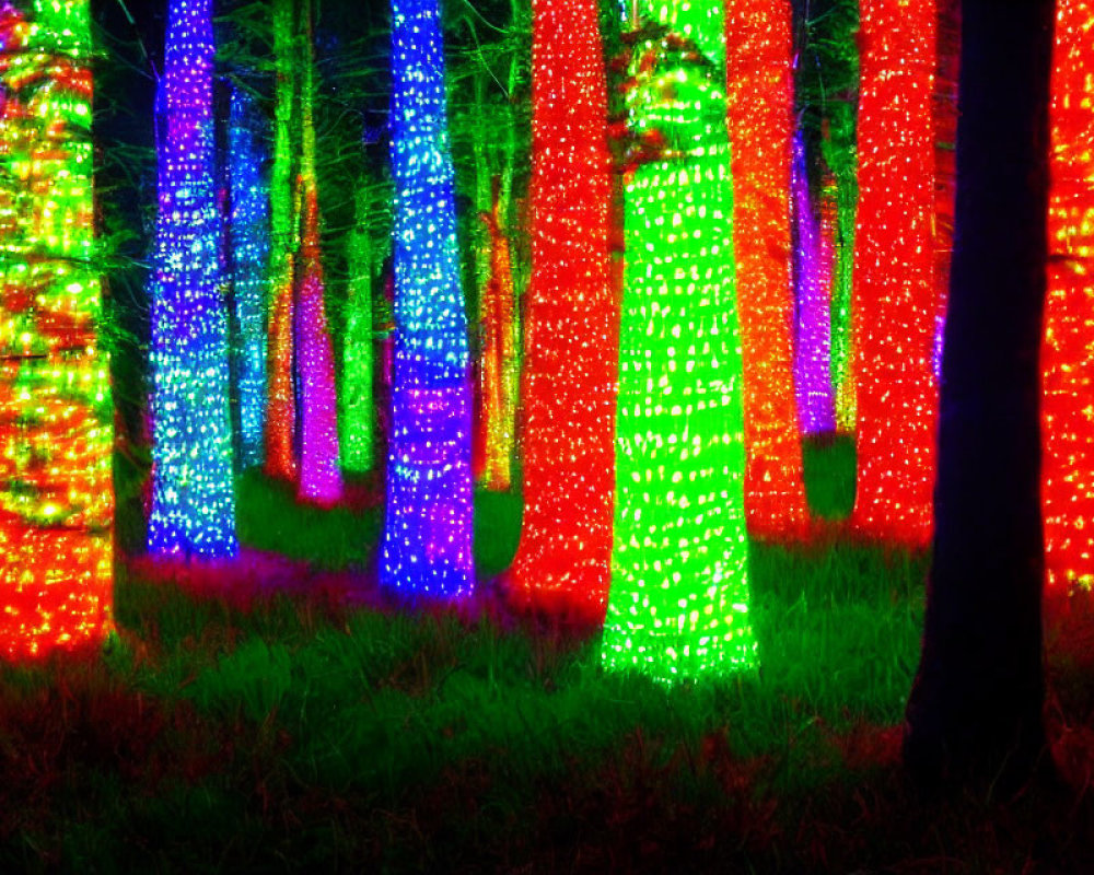 Colorful LED Lights Illuminate Forest Trees at Night