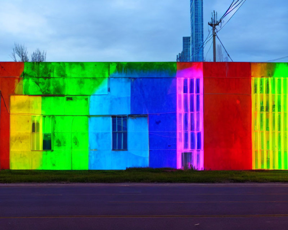 Vibrant illuminated wall with colorful sections under twilight sky