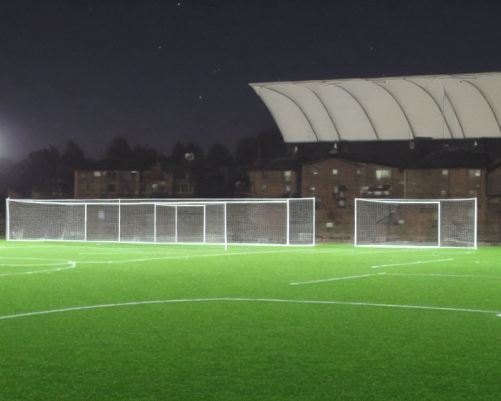 Deserted soccer field at night with goalpost and illuminated spotlights