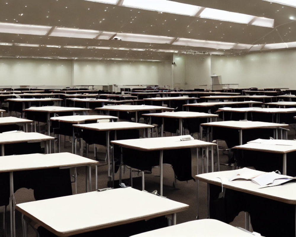 Spacious examination room with white desks and chairs under bright lights