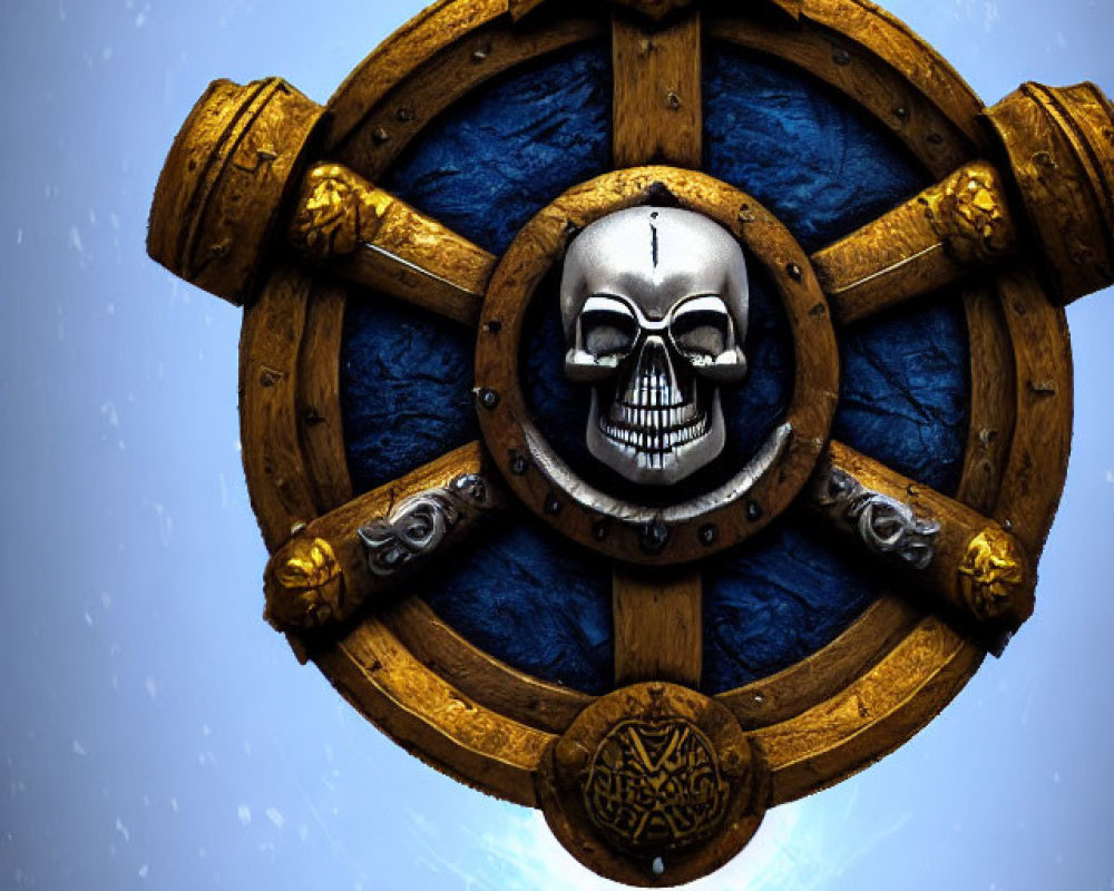 Viking-style shield with metal skull emblem, wooden planks, golden embellishments, snowy backdrop