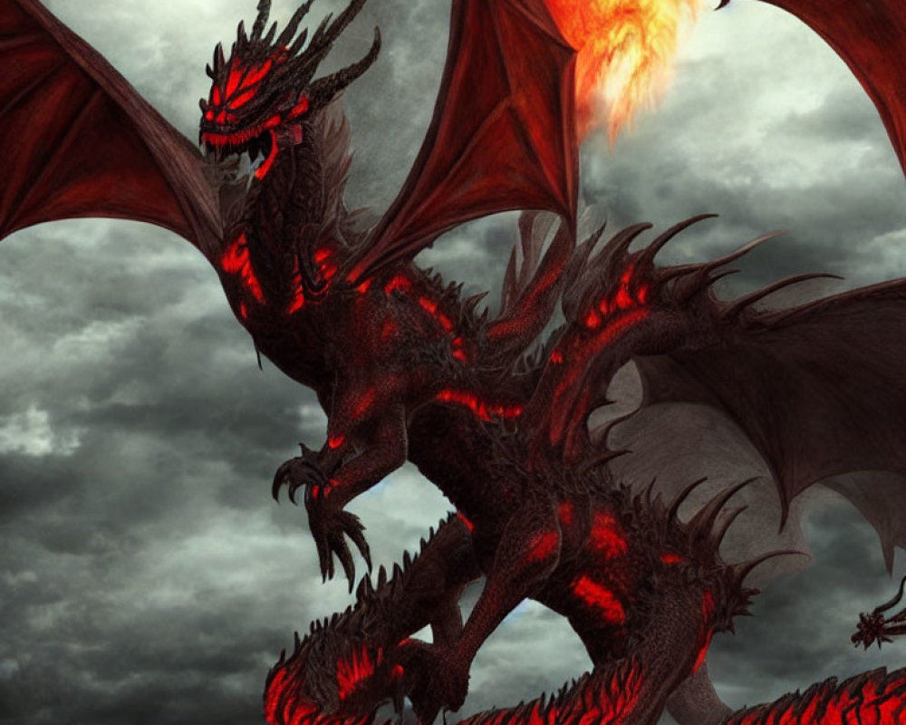 Red and Black Dragon Breathing Fire in Stormy Sky