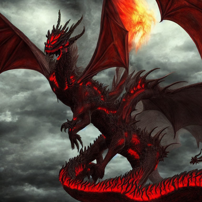 Red and Black Dragon Breathing Fire in Stormy Sky