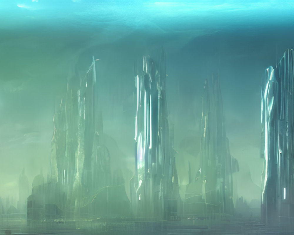 Ethereal alien cityscape with crystalline towers under turquoise sky