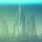 Ethereal alien cityscape with crystalline towers under turquoise sky