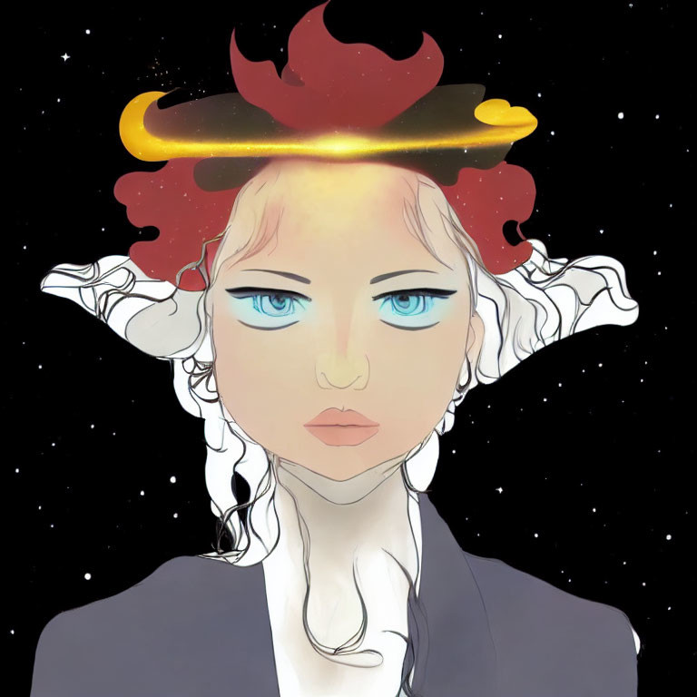 Person with Ram Horns and Glowing Halo on Starry Background