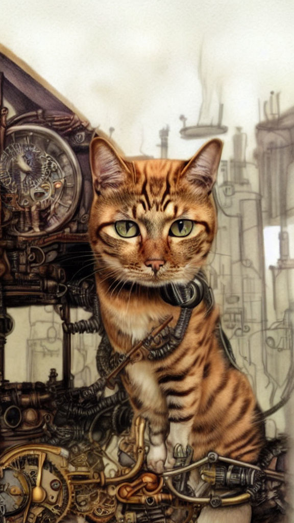 Steampunk-Inspired Cat Illustration with Mechanical Elements