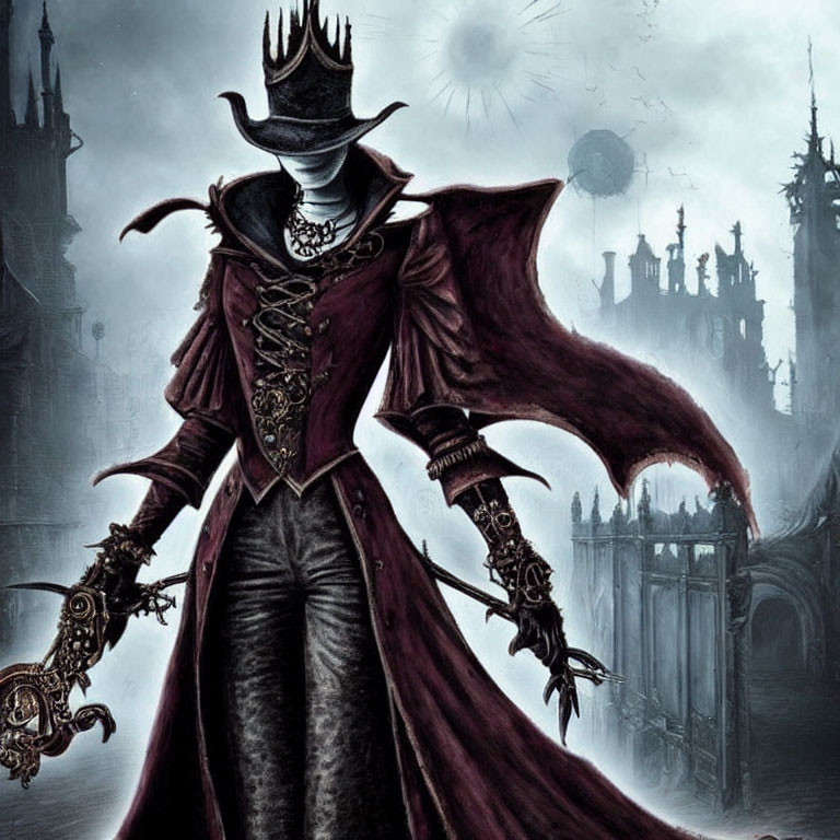 Gothic figure in dark crown and red overcoat with scepter before gloomy castle