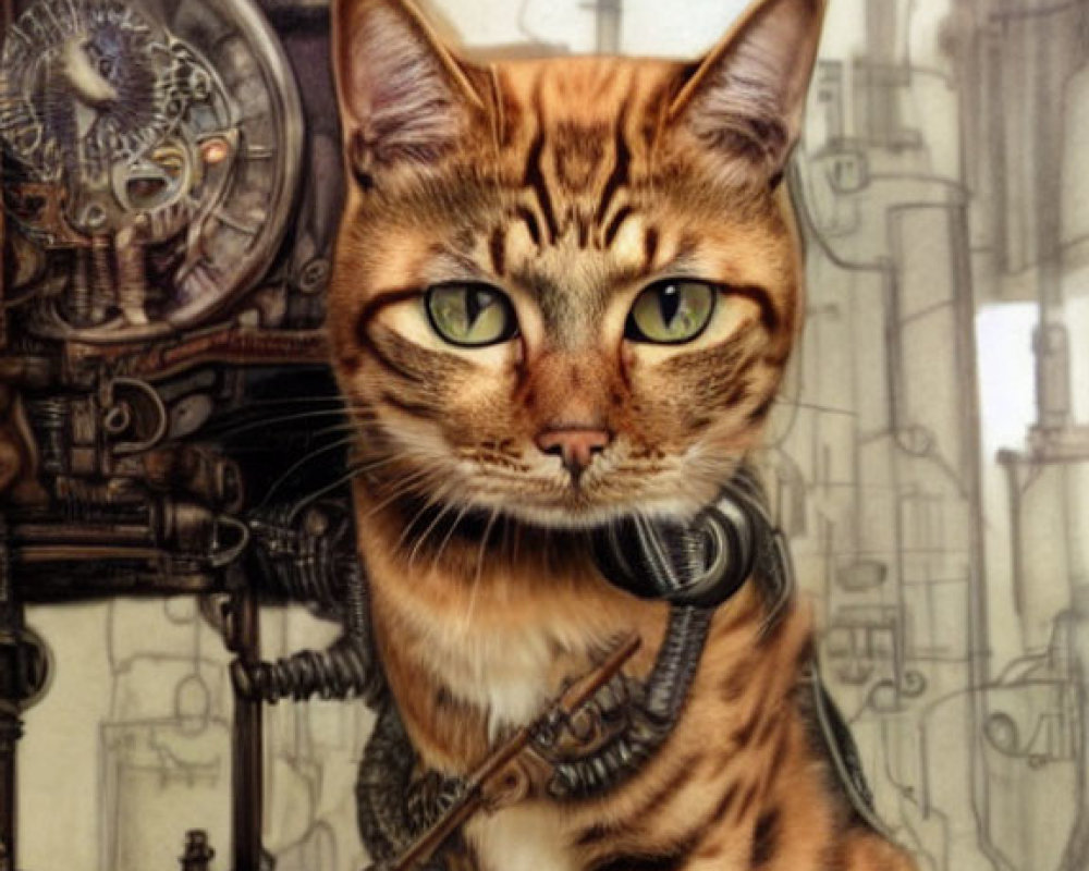 Steampunk-Inspired Cat Illustration with Mechanical Elements