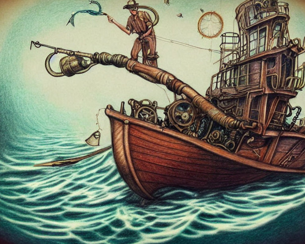 Whimsical steampunk boat with fisherman and mechanical arm on wavy waters