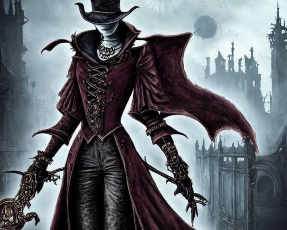 Gothic figure in dark crown and red overcoat with scepter before gloomy castle