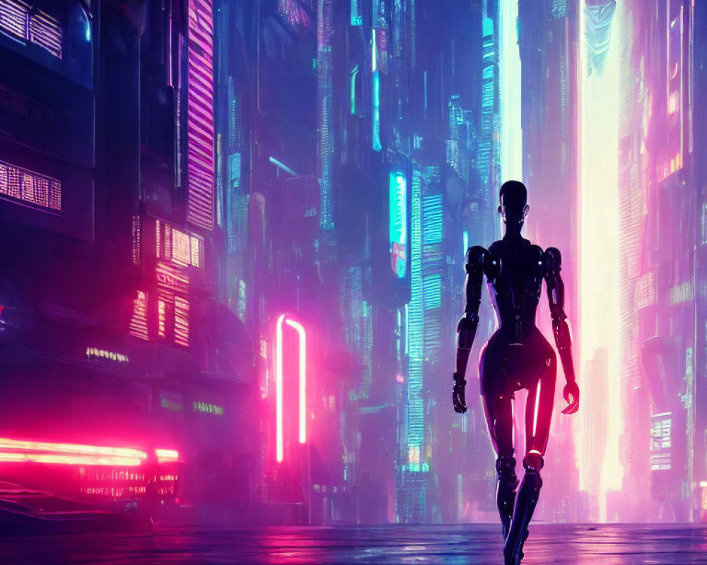 Humanoid Robot Walking in Neon-lit Futuristic Cityscape