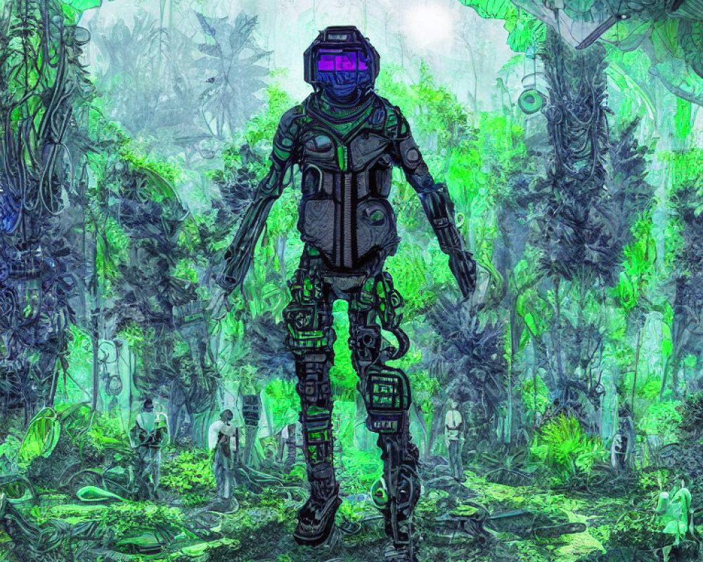 Futuristic robot in lush neon-lit jungle with intricate vines