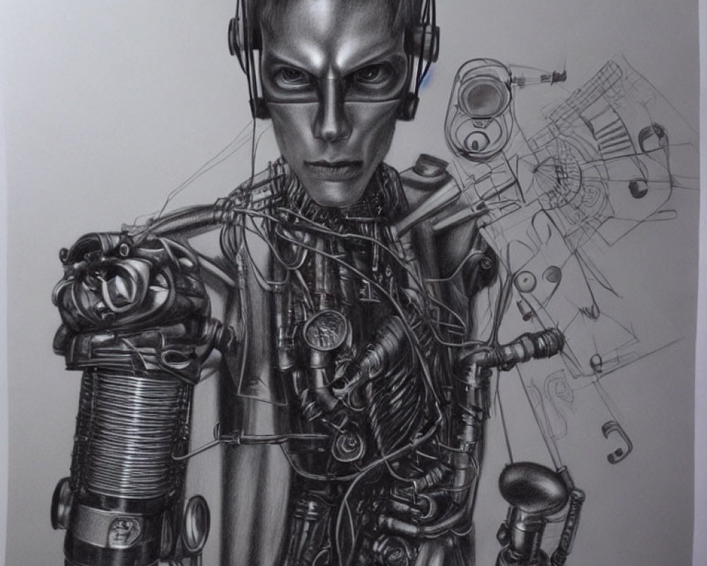 Detailed pencil drawing of cyborg with human-like face and intricate mechanical parts, surrounded by schematics.