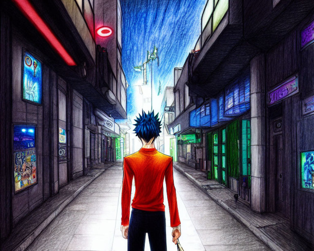 Blue-haired person in neon-lit alley at dusk