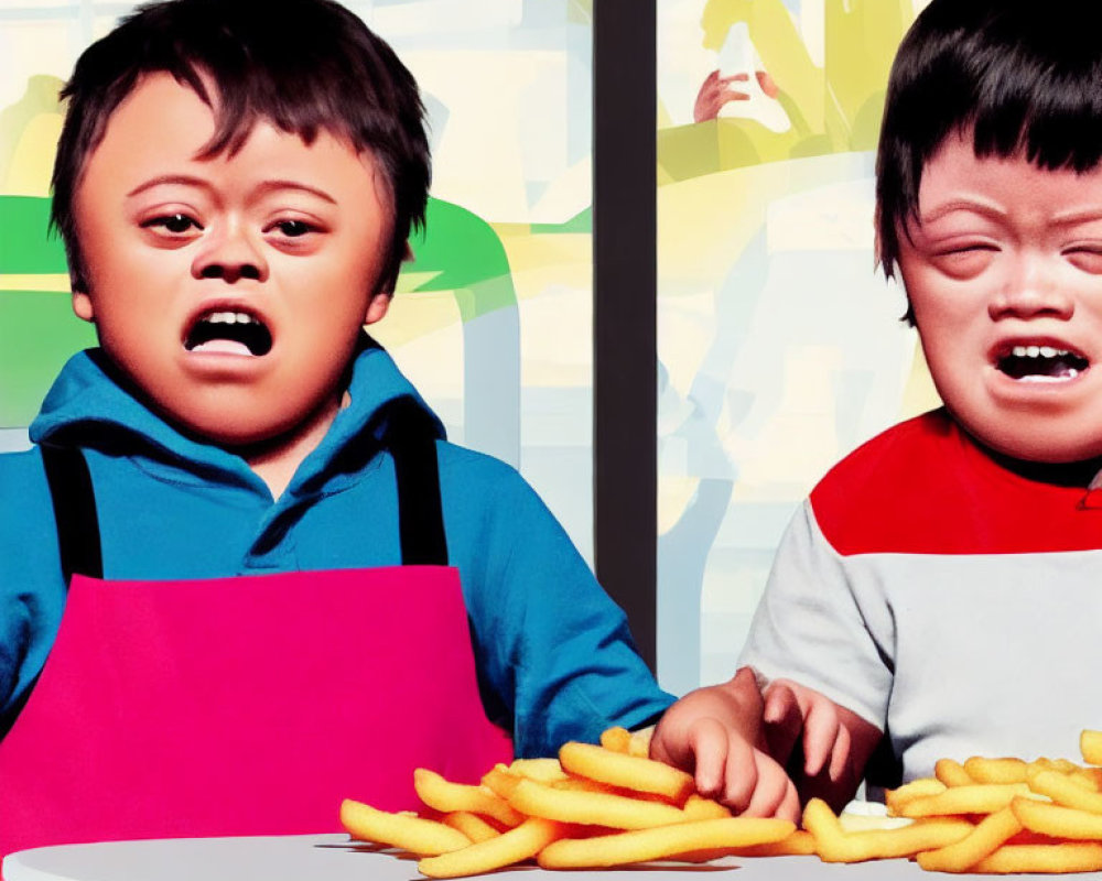 Children with Down syndrome at table with plate of fries, one crying, other upset.