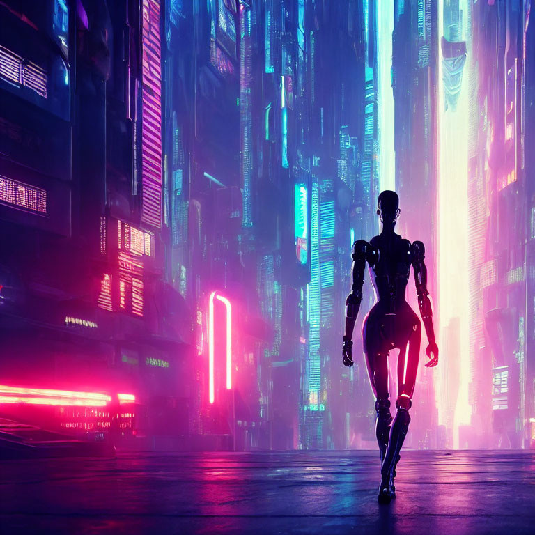 Humanoid Robot Walking in Neon-lit Futuristic Cityscape