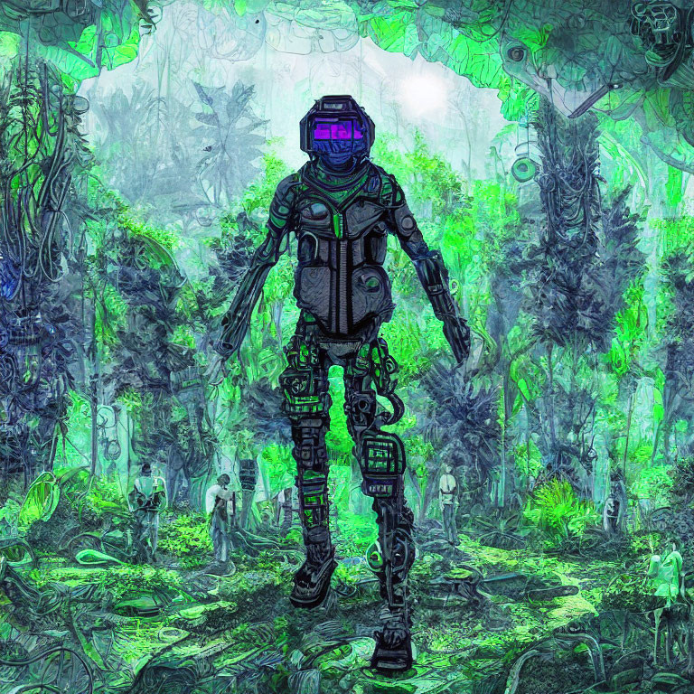 Futuristic robot in lush neon-lit jungle with intricate vines