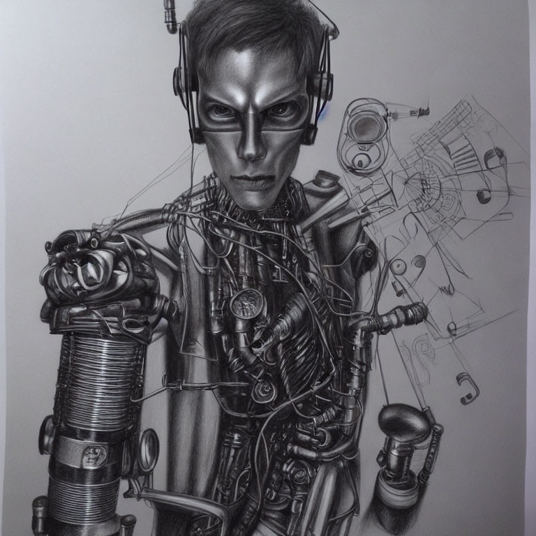 Detailed pencil drawing of cyborg with human-like face and intricate mechanical parts, surrounded by schematics.