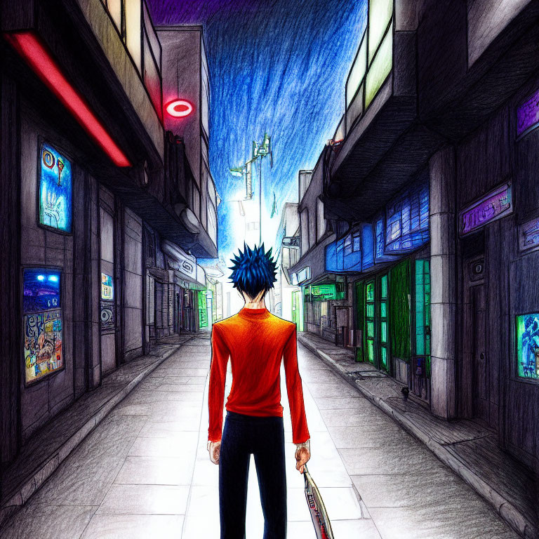 Blue-haired person in neon-lit alley at dusk