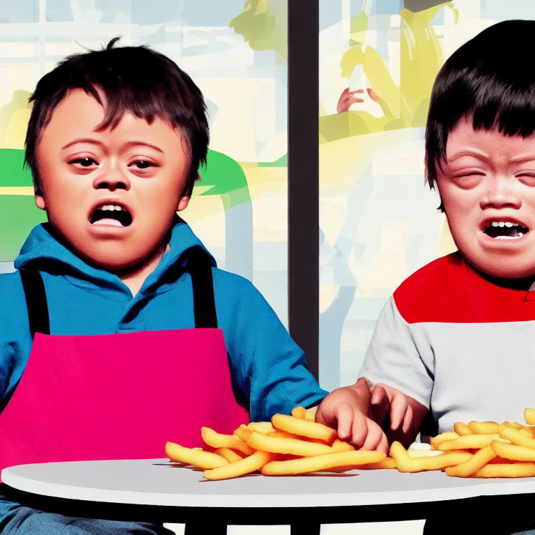 Children with Down syndrome at table with plate of fries, one crying, other upset.