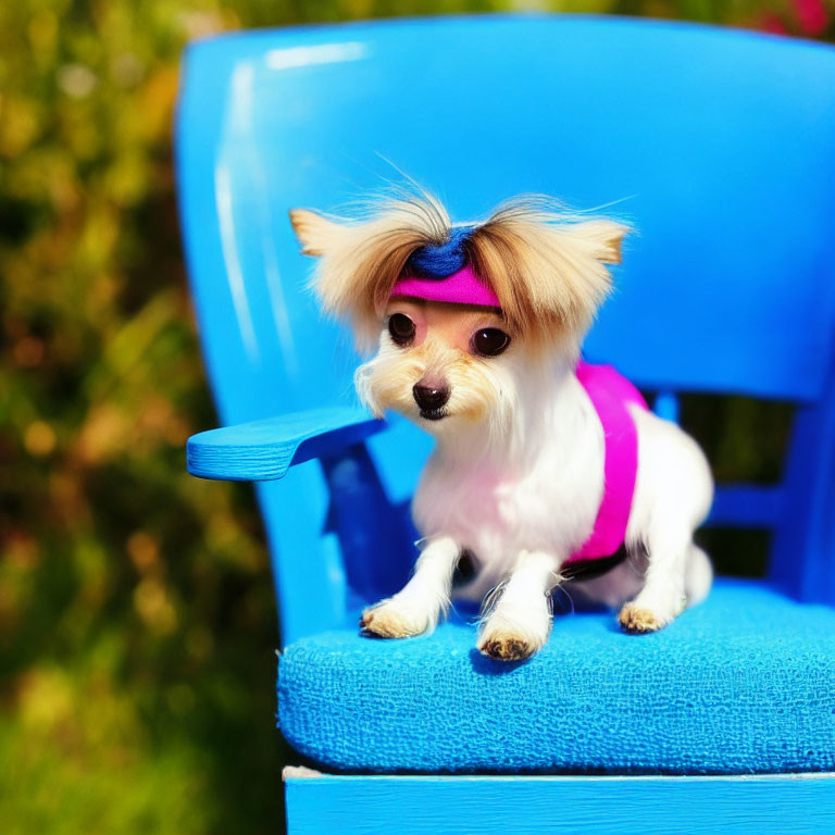 Fluffy light-coated small dog in pink outfit on blue chair outdoors