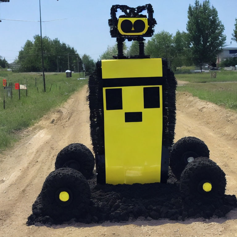 Yellow and Black Robot-Shaped Structure with Square Head and Wheels on Dirt Path