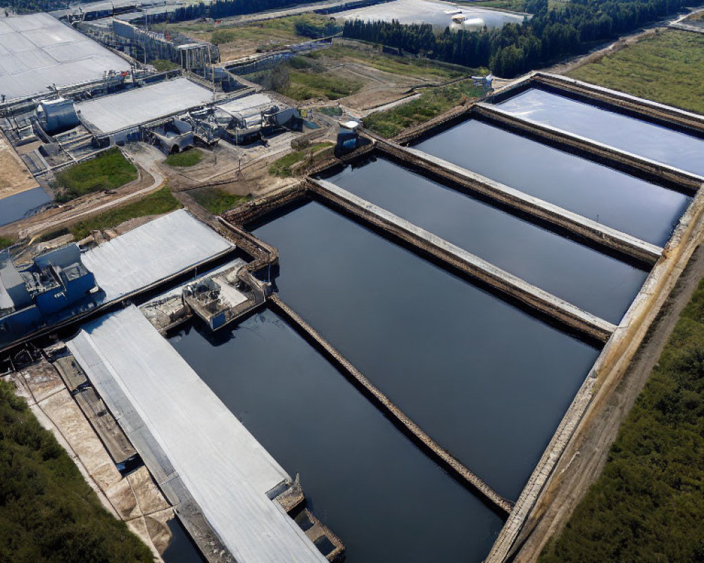 Aerial View of Wastewater Treatment Plant with Settling Ponds