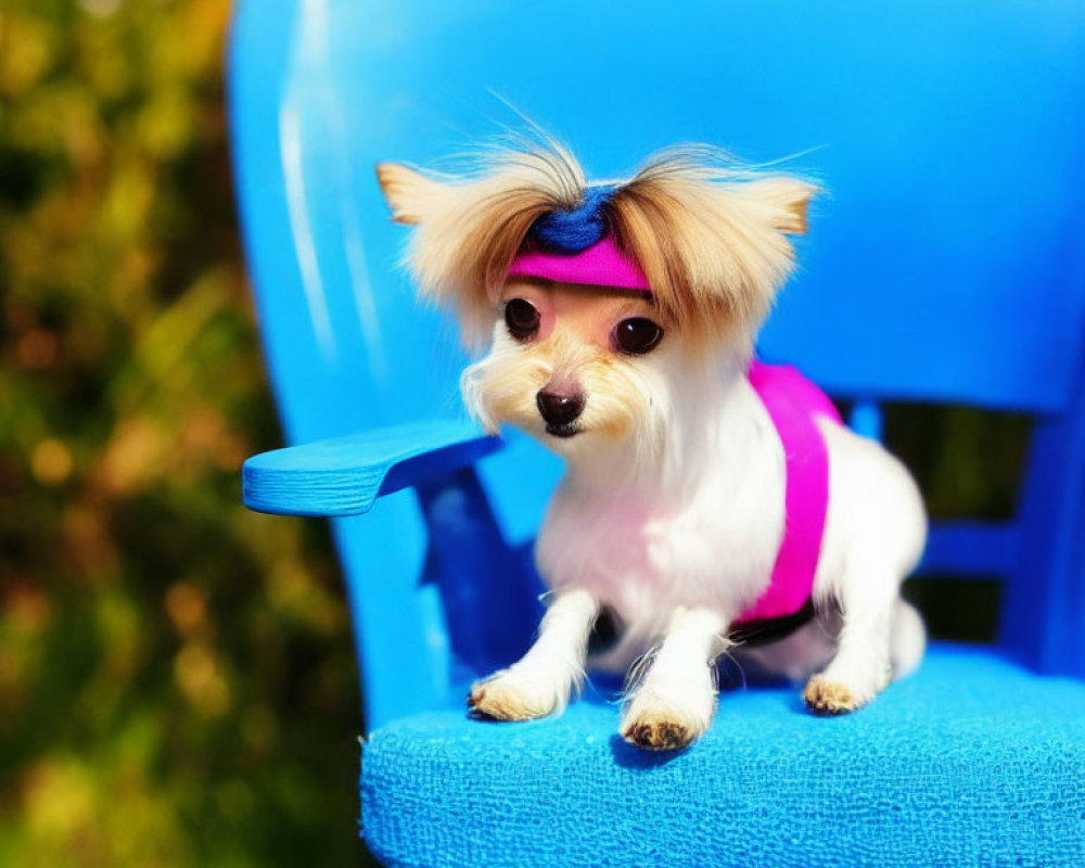 Fluffy light-coated small dog in pink outfit on blue chair outdoors