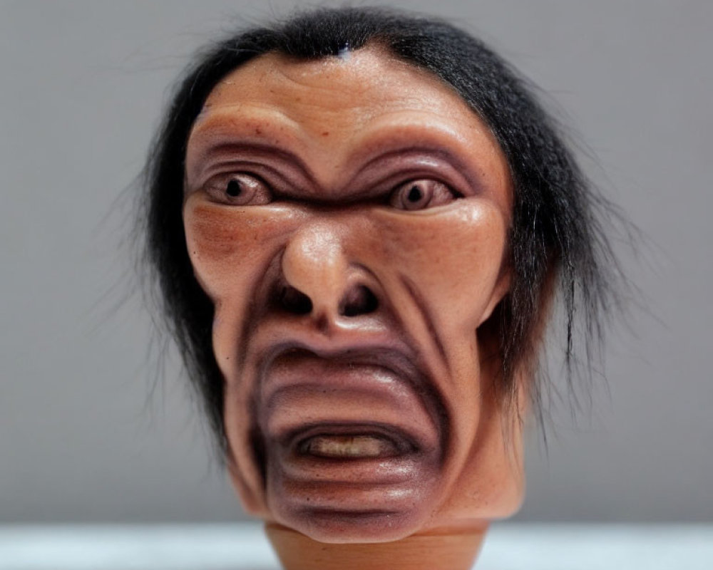 Realistic human face sculpture with furrowed brows and black hair on wooden base