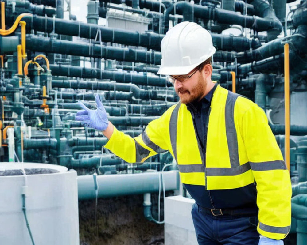 Worker in High-Visibility Vest and Helmet Examining Industrial Pipes