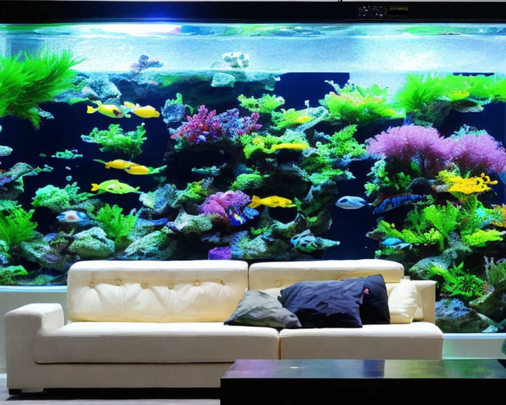 Colorful coral and fish in vibrant home aquarium with white sofa.