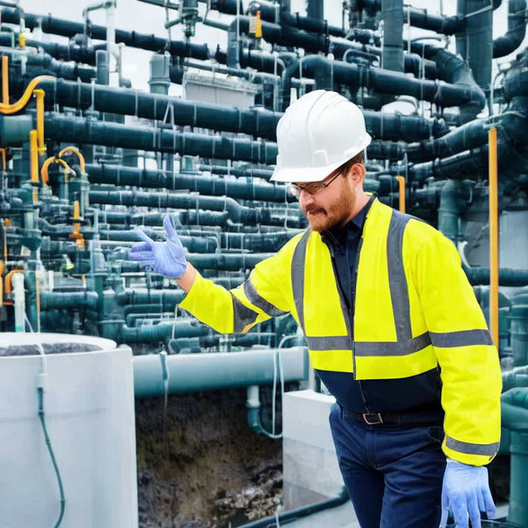 Worker in High-Visibility Vest and Helmet Examining Industrial Pipes