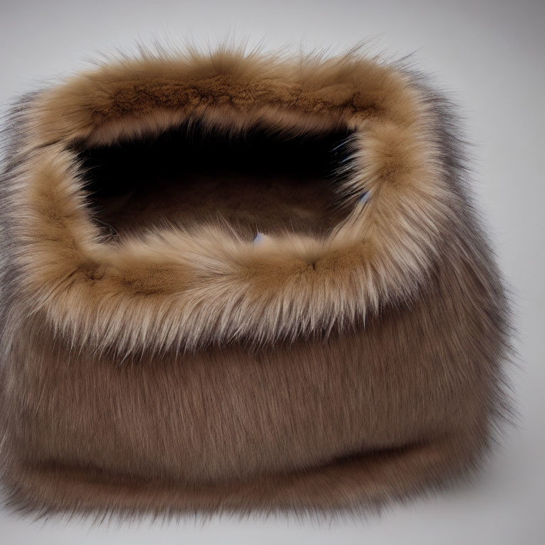 Brown Fur Hat with Light Trim on Gray Background