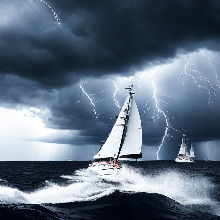 Stormy Sky with Lightning Strikes Over Sailboats