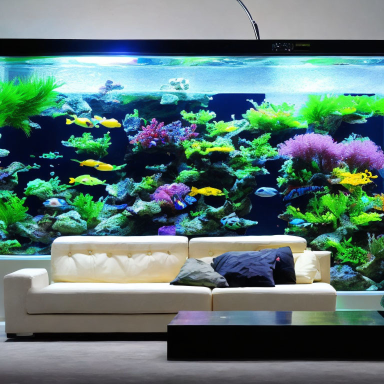 Colorful coral and fish in vibrant home aquarium with white sofa.