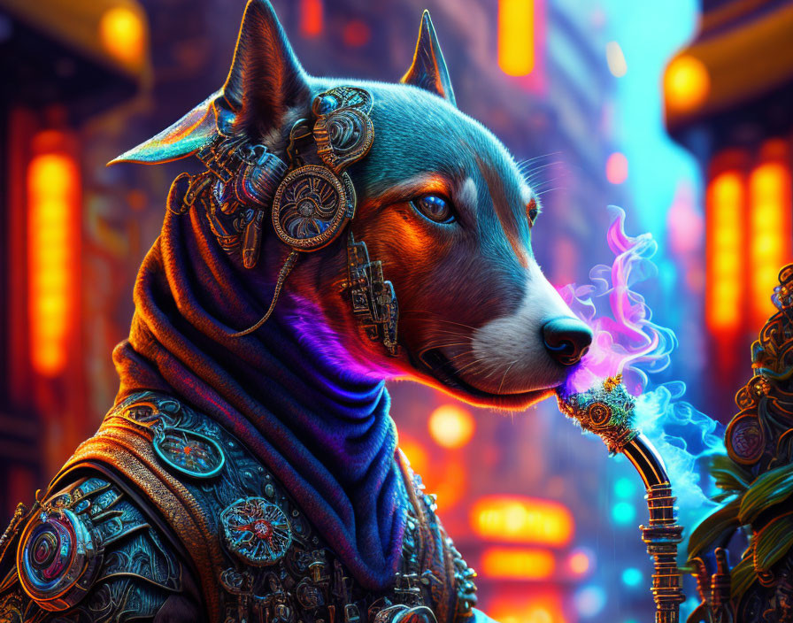 Cybernetic dog with glowing eyes in neon-lit cityscape