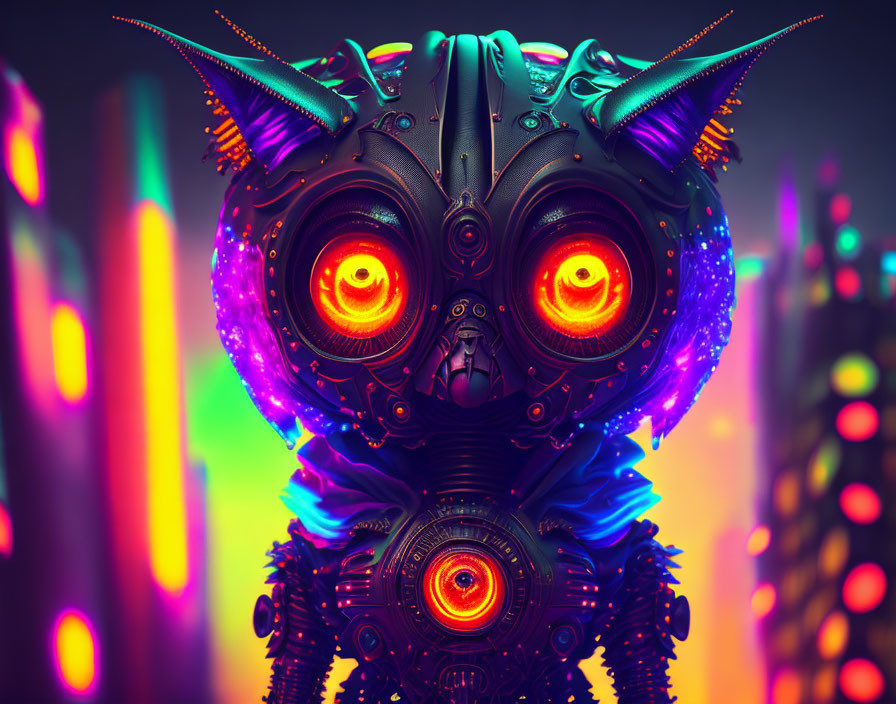 Vibrant robotic creature with glowing orange eyes in neon-lit setting