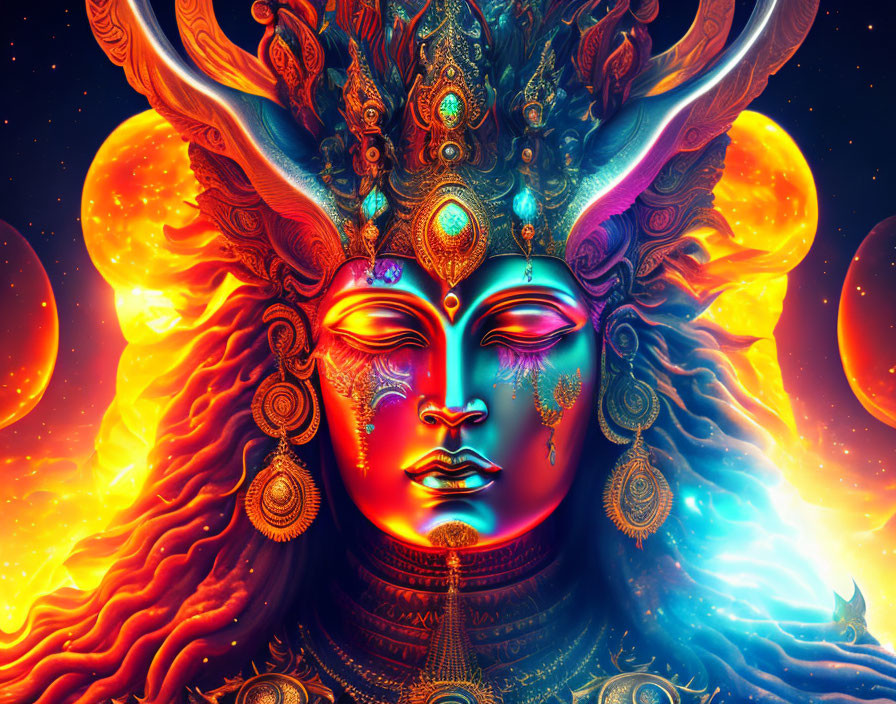 Colorful digital art of multi-faced deity with ornate headdress amid fiery planets.