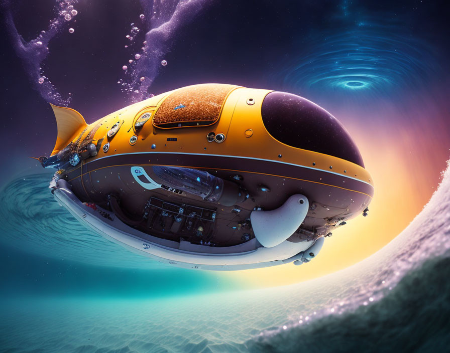 Colorful Fish-Shaped Submarine in Surreal Underwater Scene