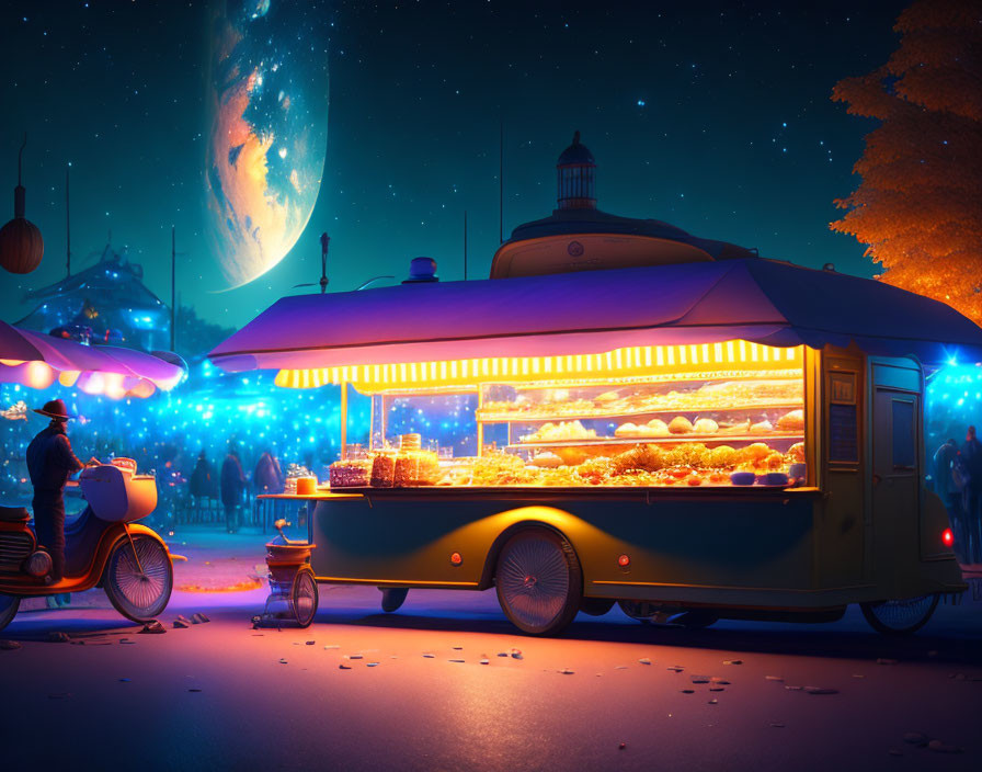 Night scene with food truck, scooter, and glowing planetary body in sky.