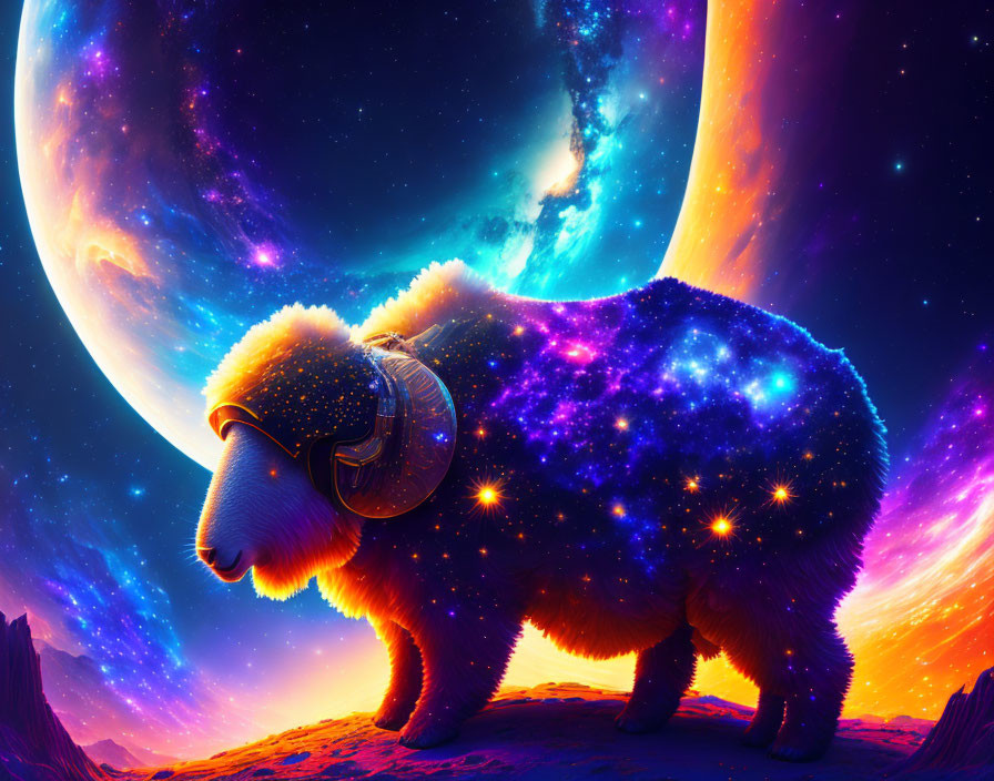 Colorful cosmic bison on rocky surface with glowing nebula backdrop