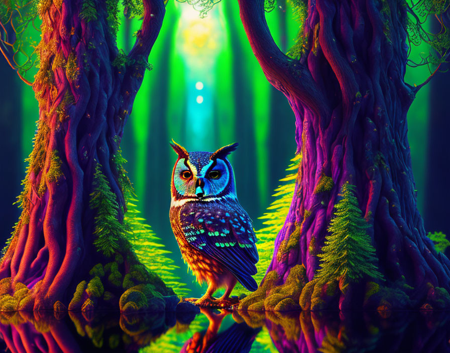 Owl perched in vibrant mystical forest with neon colors