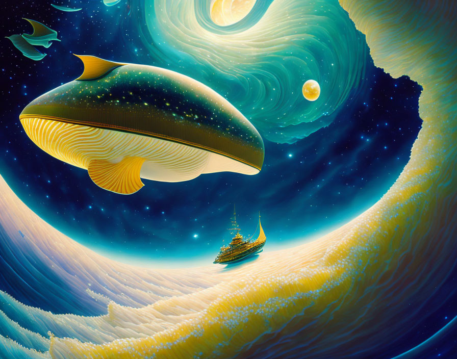 Giant whale swimming through starry sky with sailing ship in surreal cosmic landscape