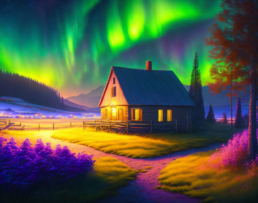 Rustic cabin under glowing aurora borealis with river and flowers