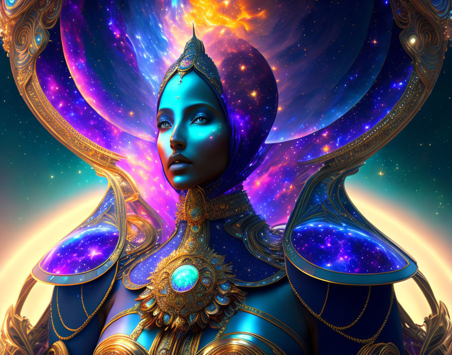 Blue-skinned woman with cosmic features in ornate gold jewelry against vibrant celestial background