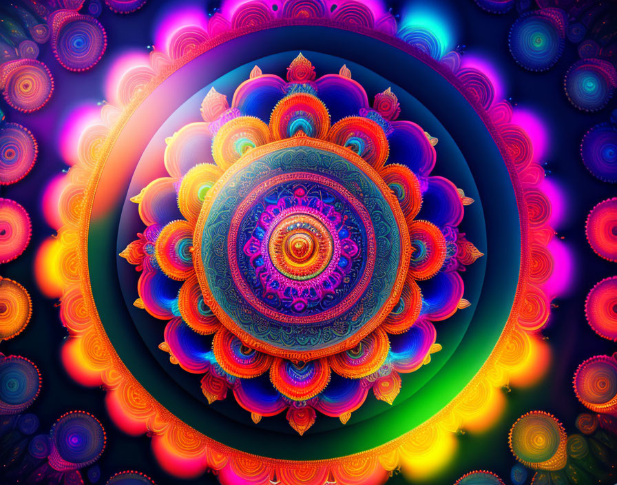 Colorful Mandala Art with Neon Glow on Dark Background