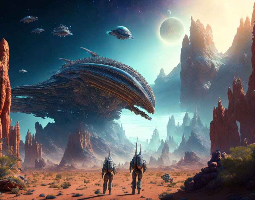 Red Rock Formations, Spaceships, Figures in Spacesuits, Ringed Planet in Alien Landscape